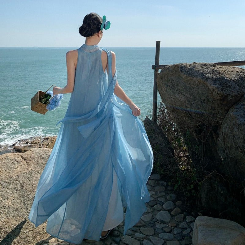 Ethereal Tie-Neck Maxi Dress – Flowy Goddess Silhouette with Elegant Sash Detail