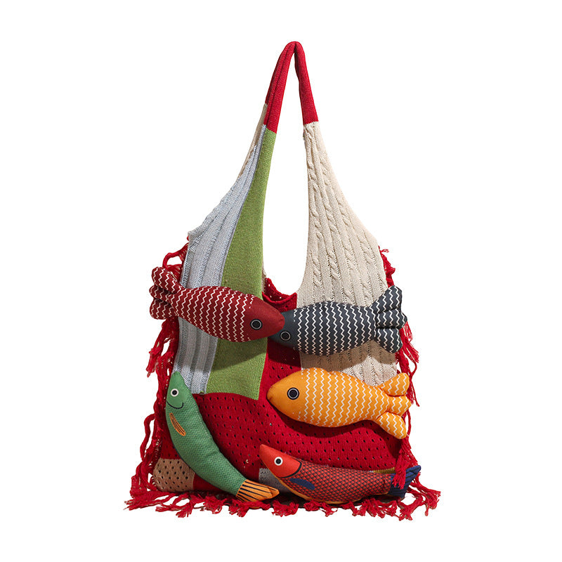 Patchwork Knit Shoulder Bag with Checkered Design
