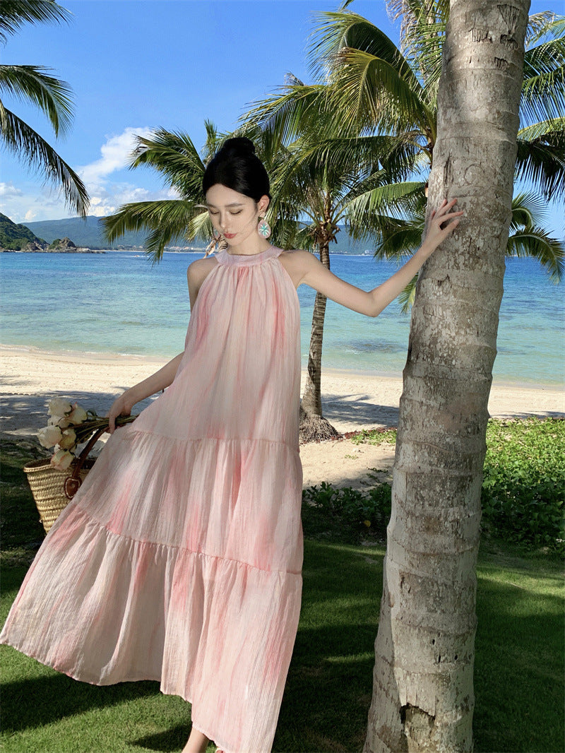 Sweet & Stylish Tie-Front Halter Sundress – Oversized Pink Tie-Dye Maxi Dress-Pink-S-Free Shipping Leatheretro