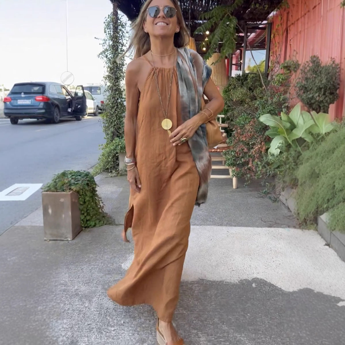 Off-Shoulder Linen Summer Dress – Boho Split Hem Vacation Dress