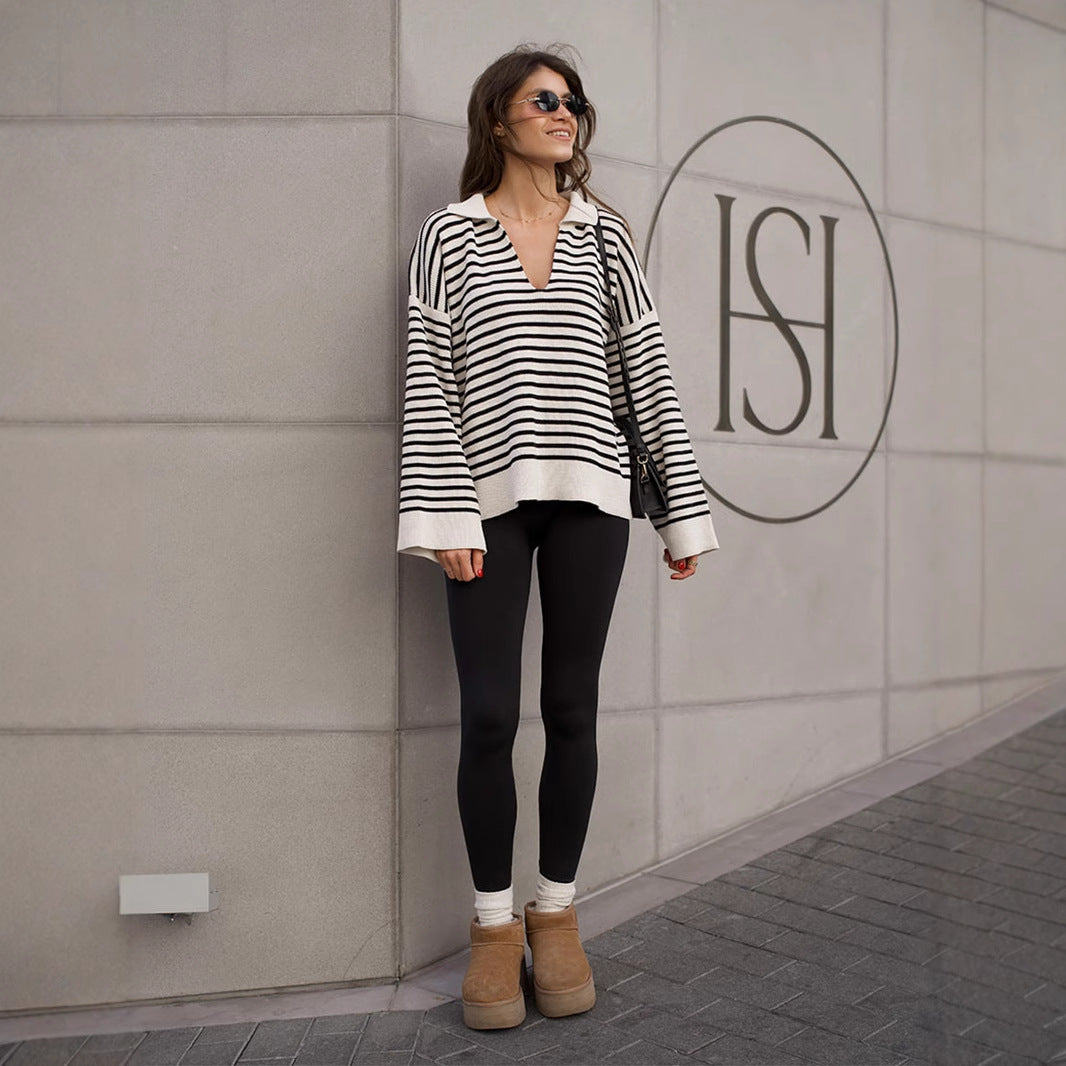 Women's Loose-Fit Black Striped Sweater