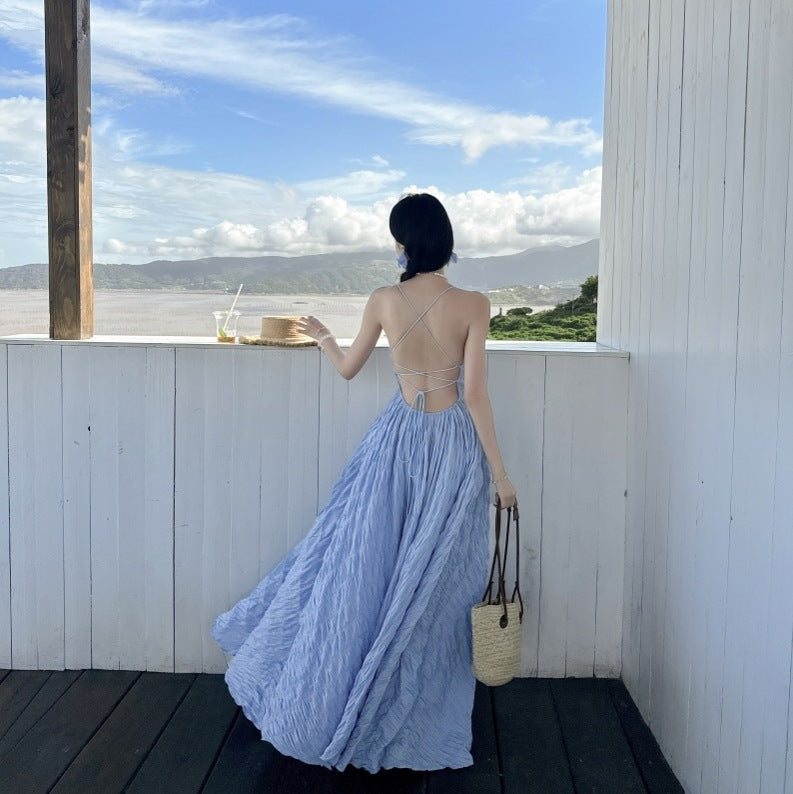 Summer Waves Blue Backless Maxi Dress