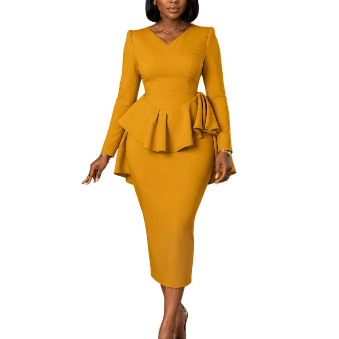 Elegant V-Neck Ruffle Waist Midi Dress