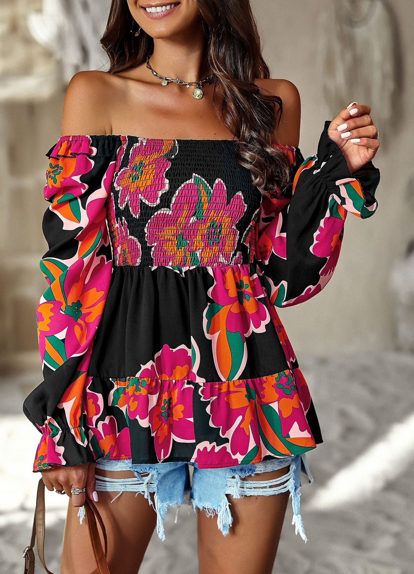 Casual Floral Print Long Sleeves Blouses