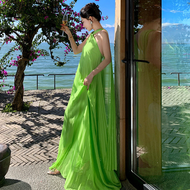 Elegant Neck-Tie Flowy Ruffle Dress – Maxi Pleated Skirt, Resort Vacation & Beach Cover-Up