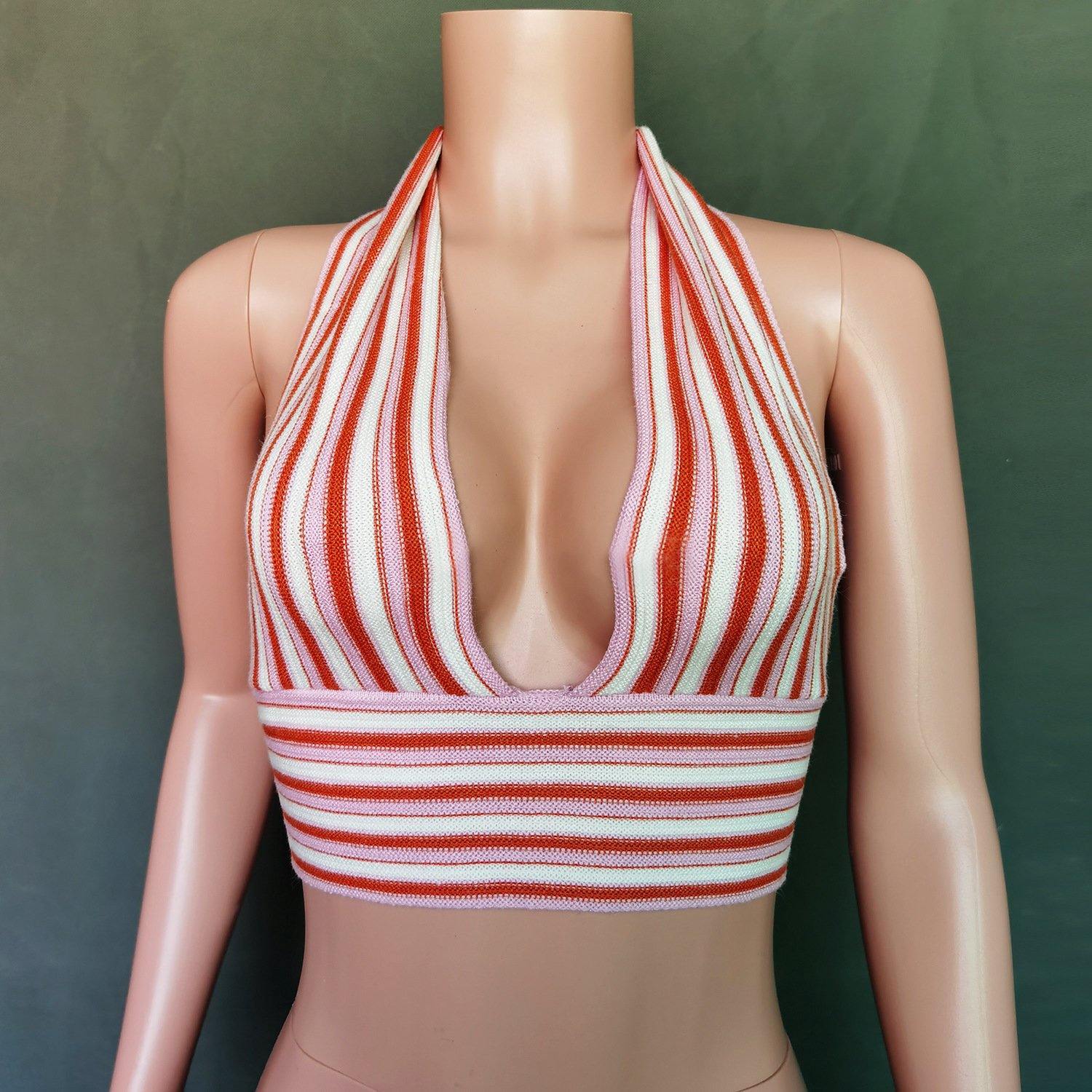 Striped Deep V-Neck Backless Women Tops-STYLEGOING