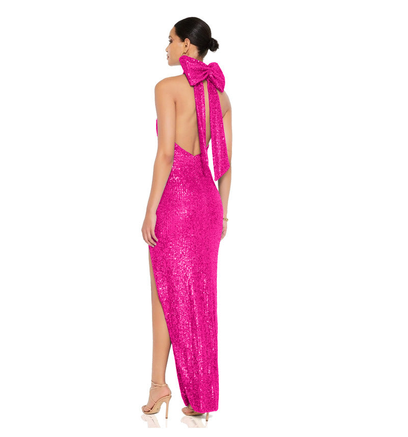 Sexy Sequined Halter Bow Evening Party Dresses