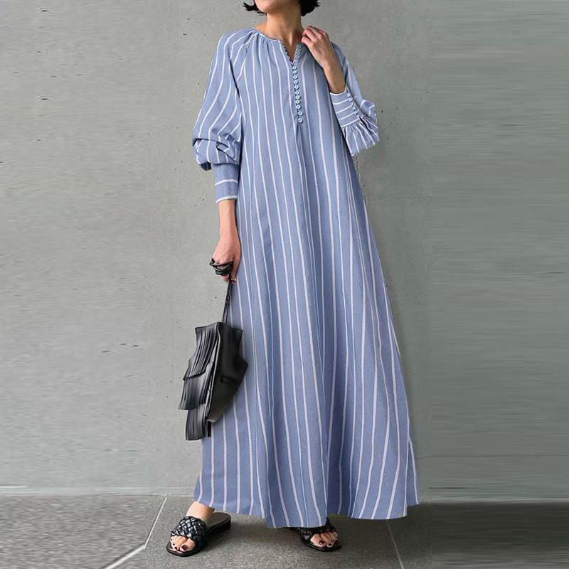 Plus Size Women's Linen Striped Round Neck Long Sleeve Casual Loose Fit Maxi Dress