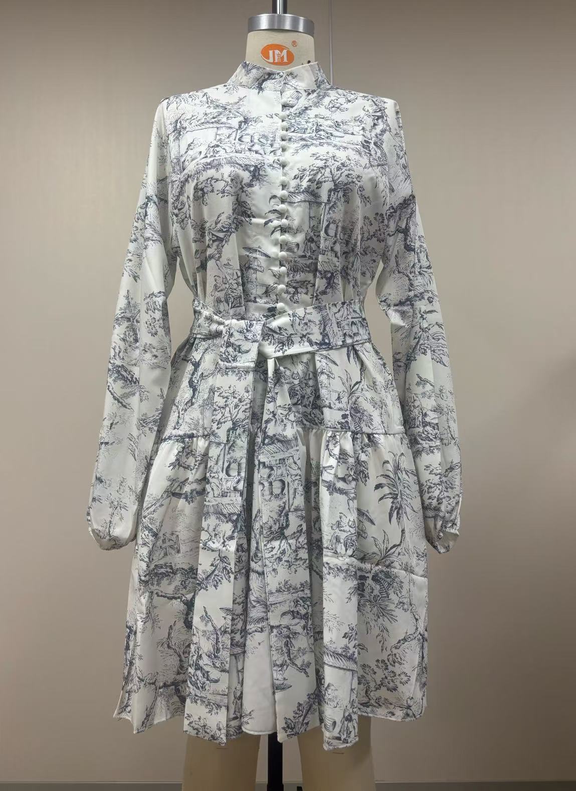Elegant Long Sleeve Floral Print Wrap Dress with Belt