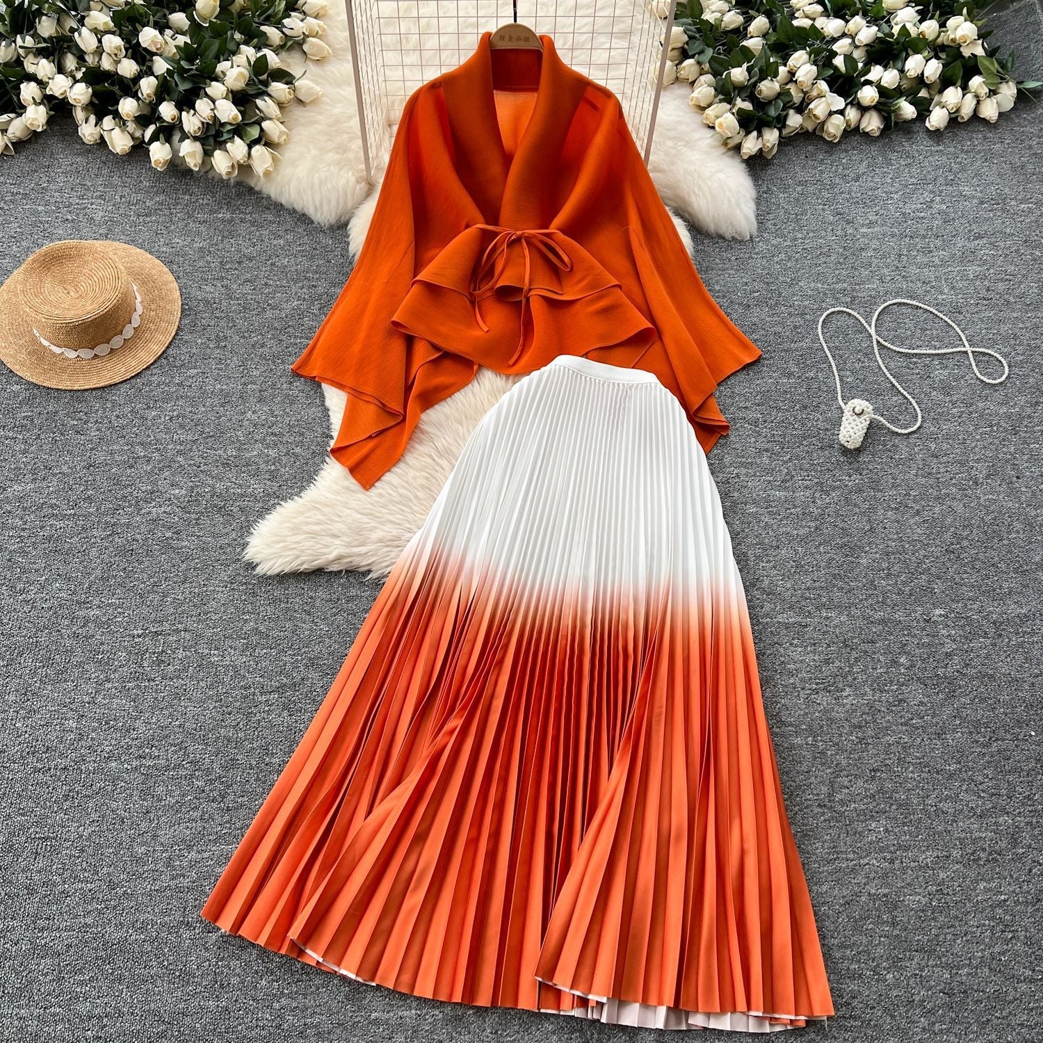Women's Gradient Color Set - Loose Tie-Waist Pleated Top + High-Waisted Pleated Skirt