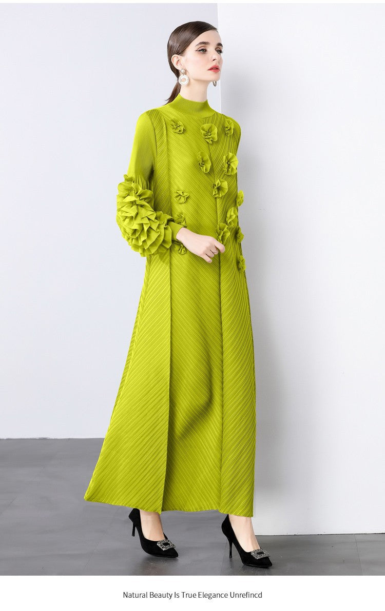 Stylish Slim-Fit Solid Color High Neck Dress with 3D Flowers