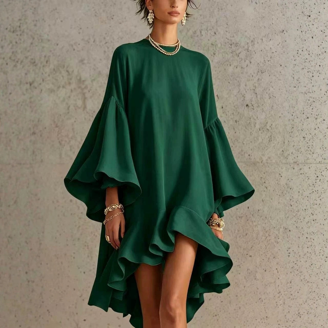 Solid Color Round Neck Flared Bell Sleeve Asymmetrical Hem Oversized Dress
