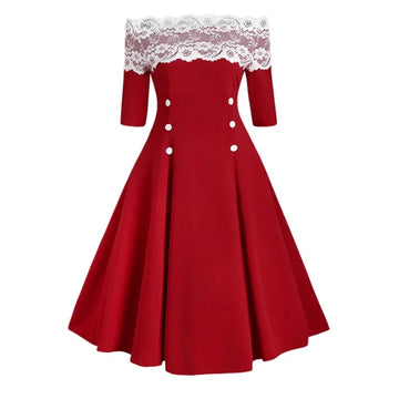 Elegant Off-the-Shoulder Christmas Dress with Lace Trim and Flared Skirt