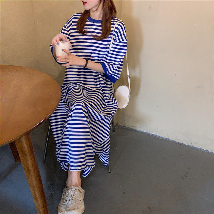 Designed Striped Summer Plus Sizes T Shirts Dresses-Dresses-Free Shipping at meselling99