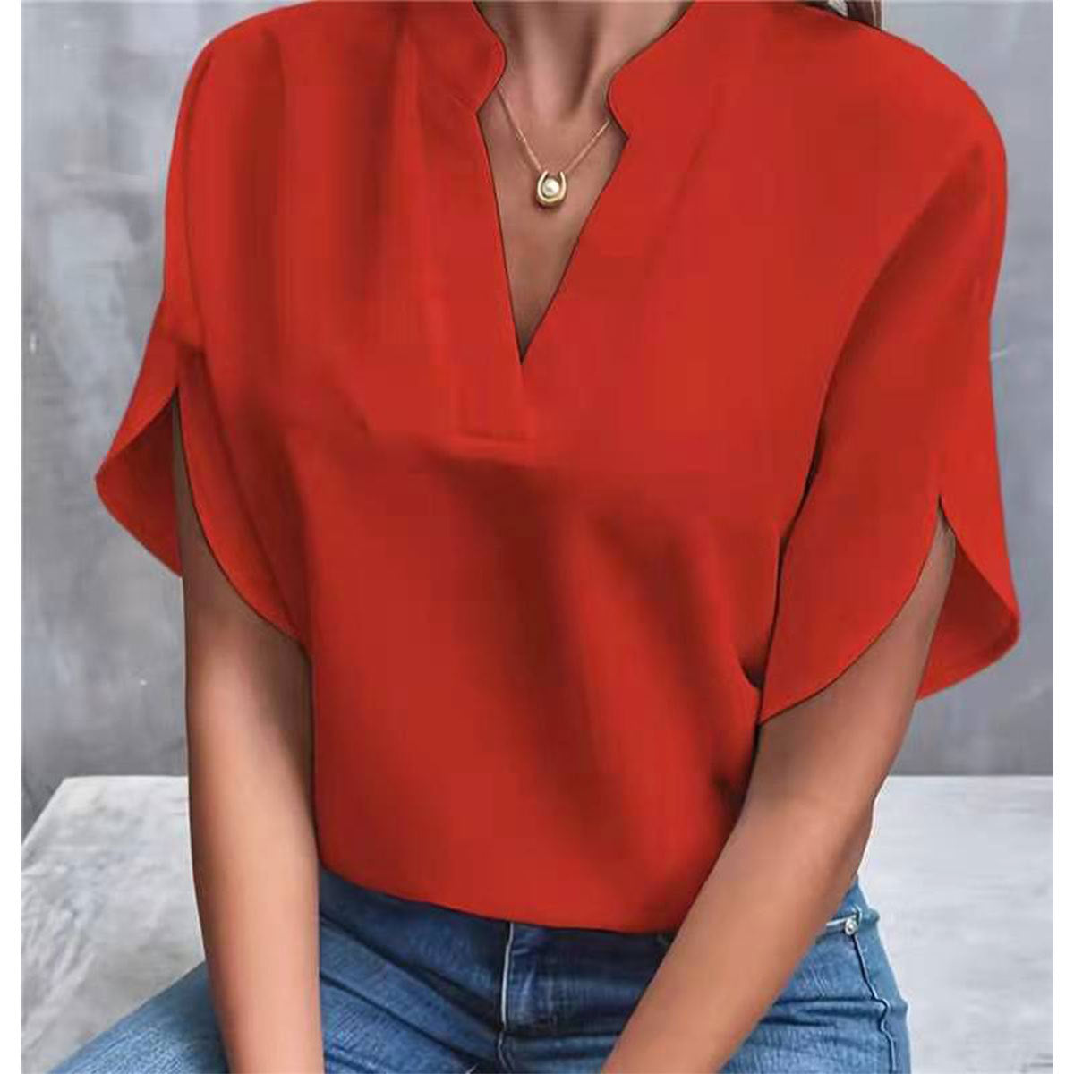 Women's V-Neck Shirt - Solid Color Casual Short Sleeve T-Shirt-red-S-Free Shipping Leatheretro