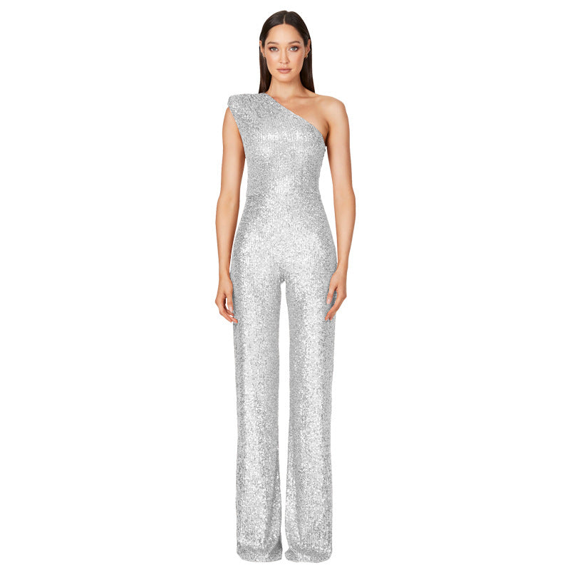 Sexy One Shoulder Sequined Jumpsuits