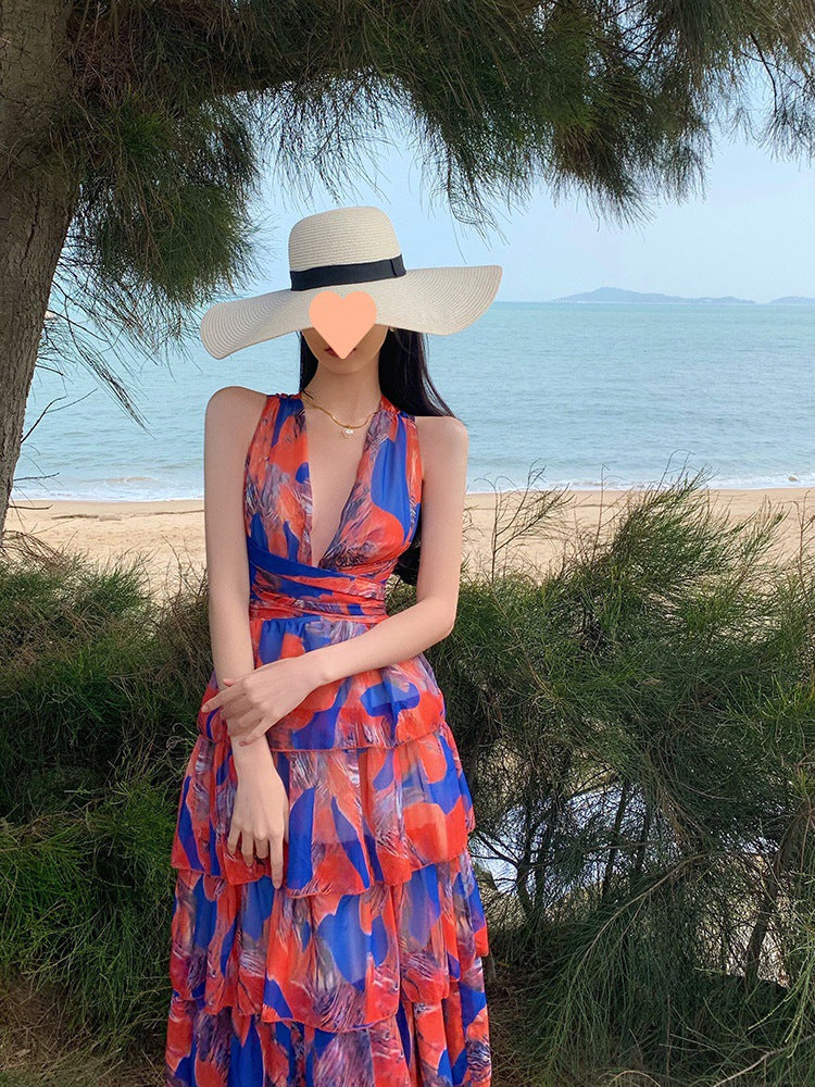 Halter Neck Printed Maxi Dress – High Waist, Backless Beach Cover-Up