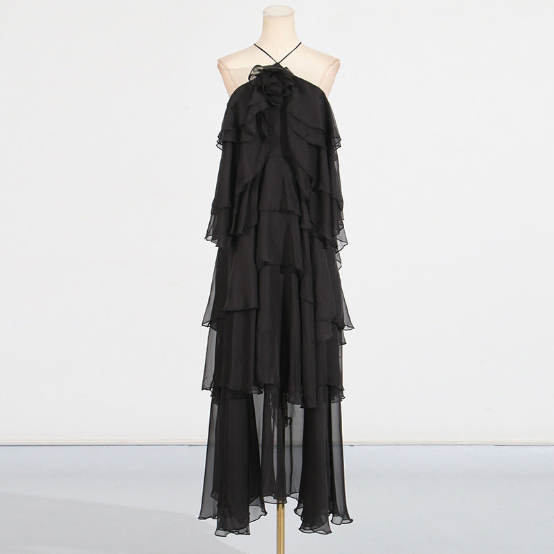 Elegant High-Society Style Dress – Off-Shoulder Backless Maxi Dress with Layered Hem