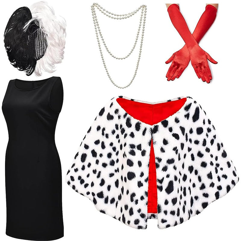 Disney Cruella de Vil Costume - Black and White Cape with Wig for Halloween and Cosplay