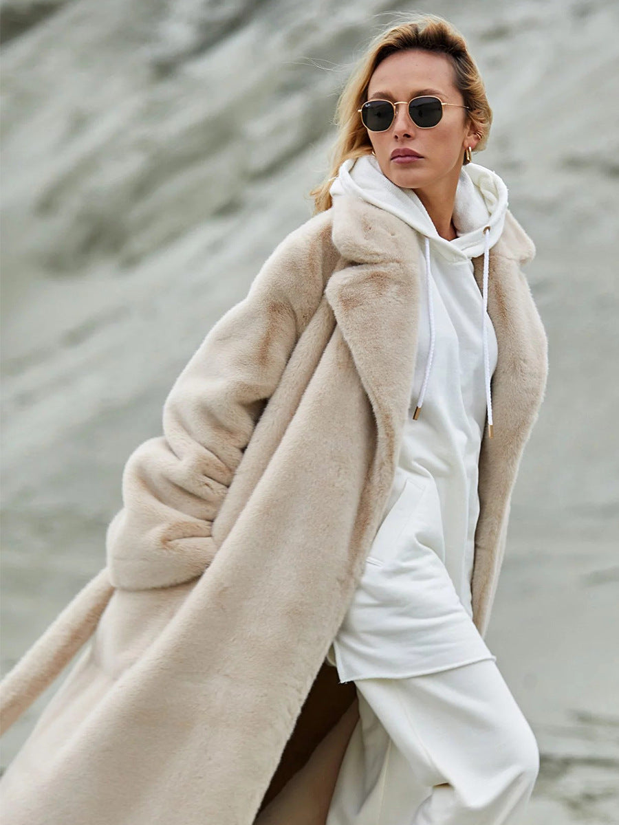 Women's Long Plush Fur Coat with Belted Waist & Notched Lapel