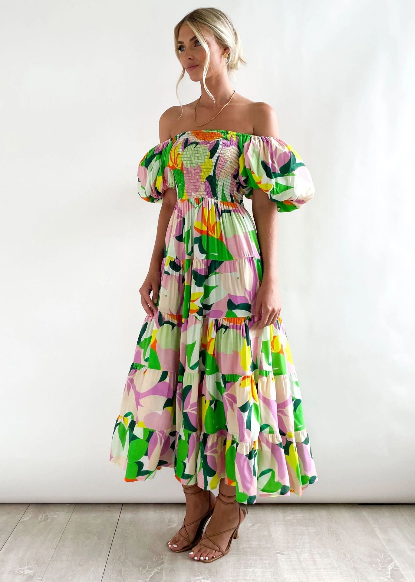 Flutter Sleeve High Waist Off-Shoulder Print Dress