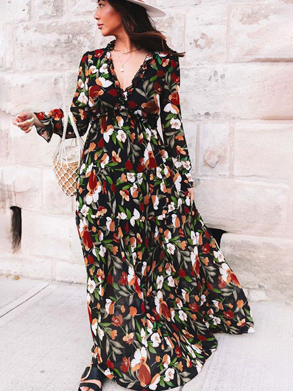 Elegant Long Sleeve Printed Maxi Evening Dress