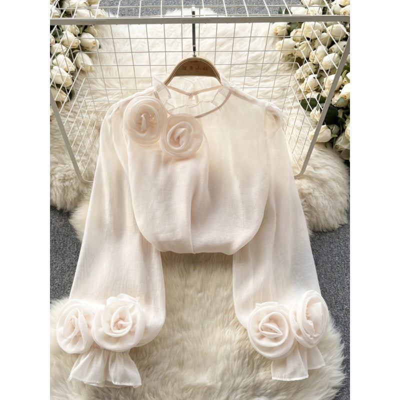 Designed 3D Flowers Chiffon Long Sleeves Shirts