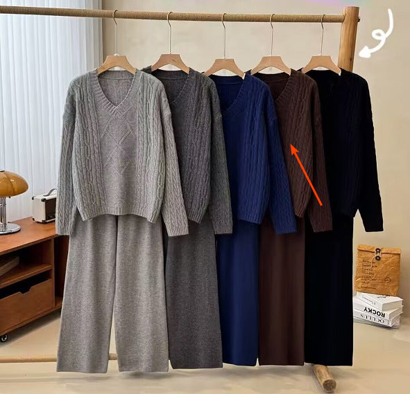 Women's Fashion Casual Long Sleeve Sweater Set – Winter Warm Knit Pullover & Wide-Leg Pants Two-Piece Outfit