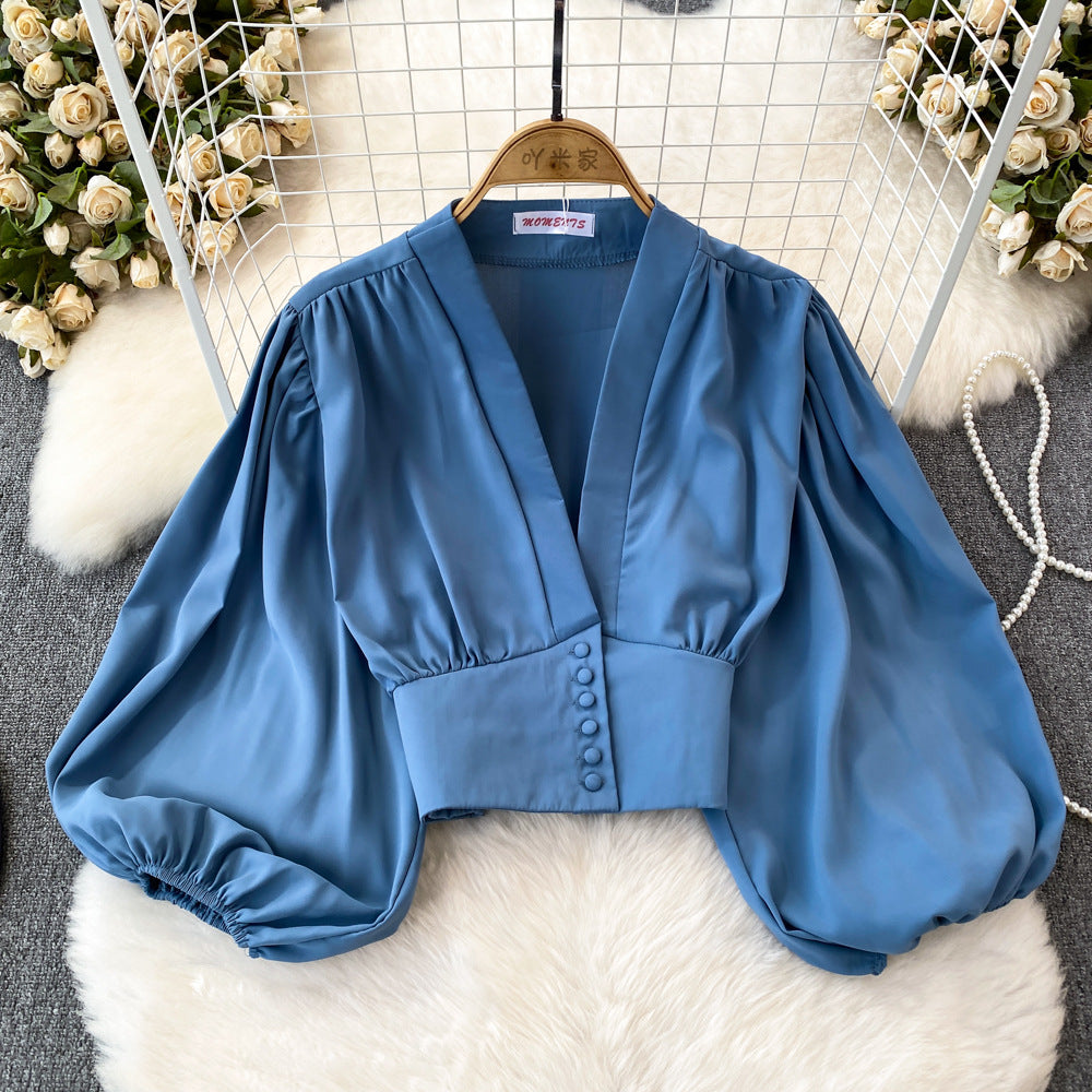 Women's Fashion V-Neck Lantern Sleeve Crop Top