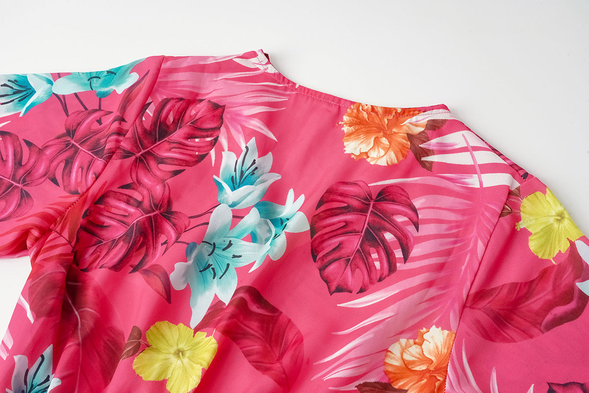 Summer Floral Print Crinkle Midi Short Sleeve Dress