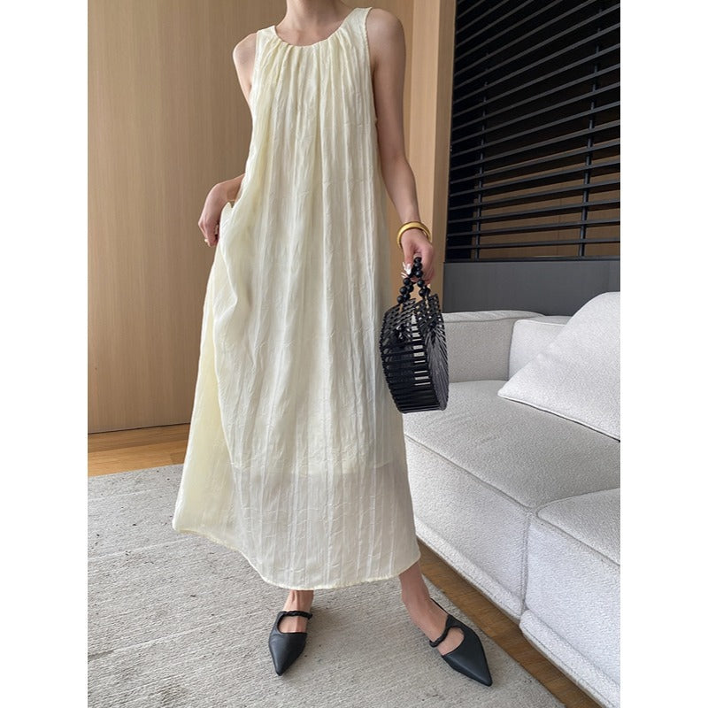 Summer Water Ripple Texture Round Neck Sleeveless Maxi Dress