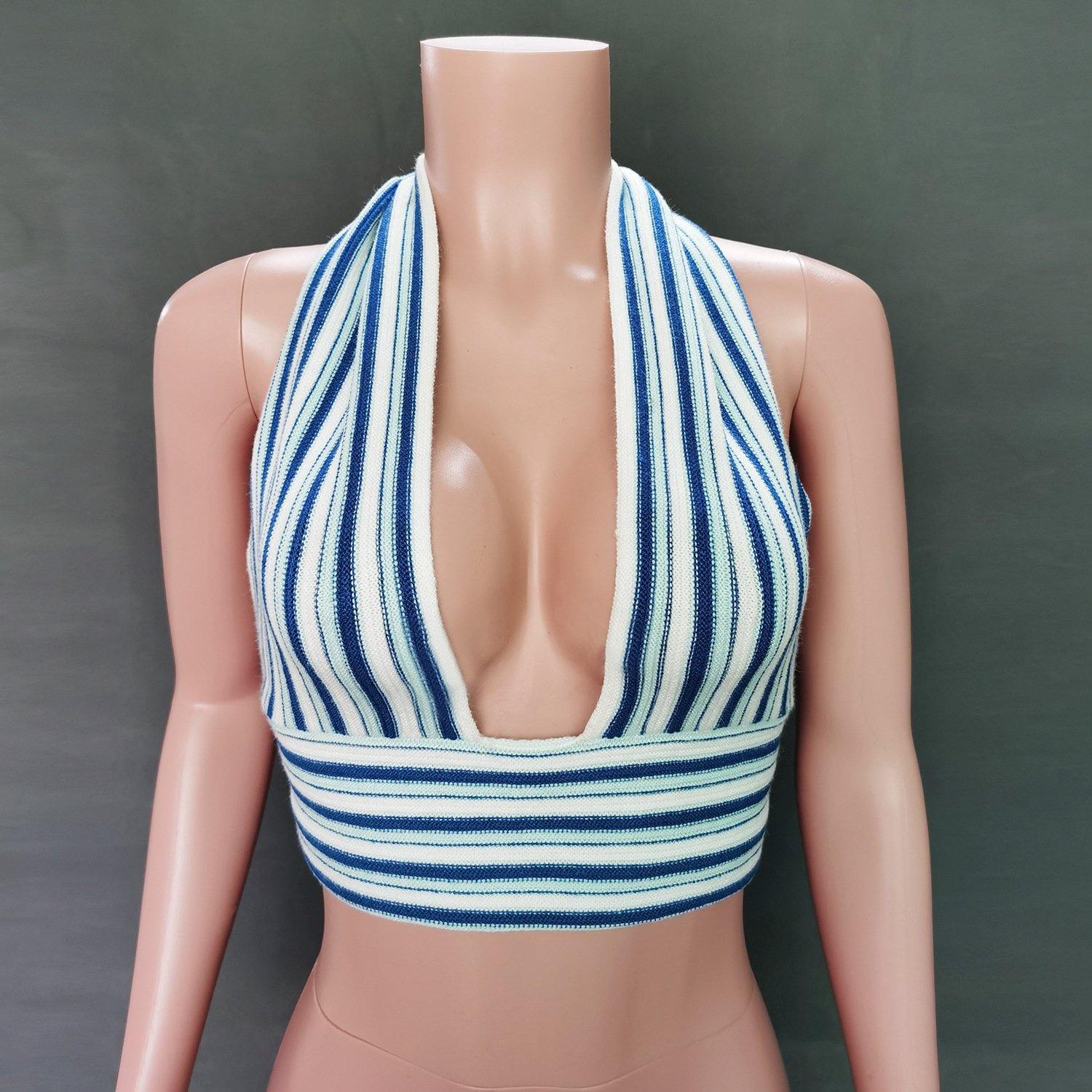 Striped Deep V-Neck Backless Women Tops-STYLEGOING