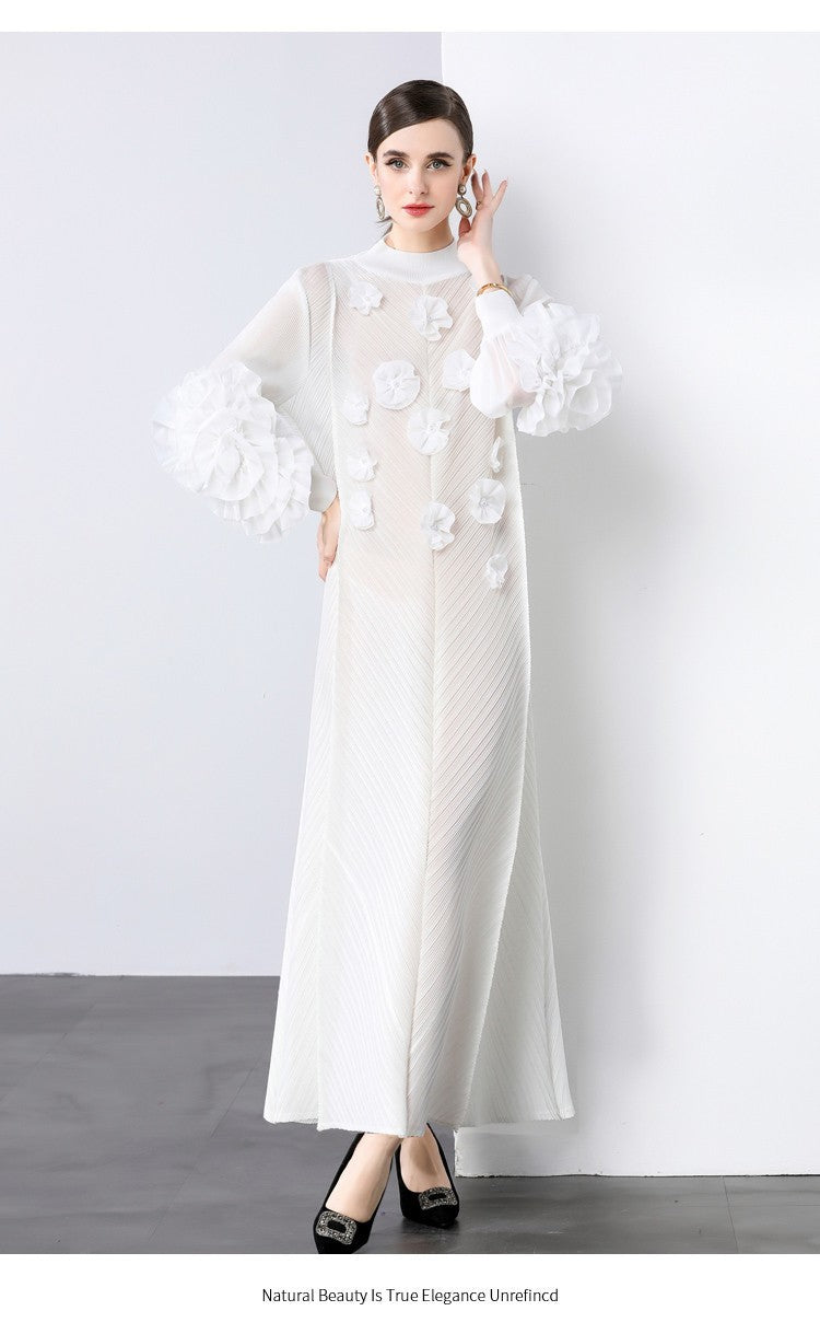 Stylish Slim-Fit Solid Color High Neck Dress with 3D Flowers