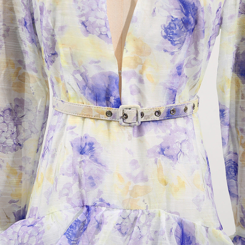 Floral Lace Trim Cake Dress – Summer Deep V-Neck Bell Sleeve Maxi Dress