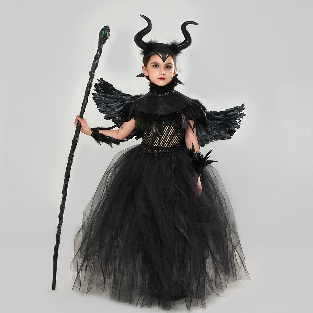 Halloween Glitter Feather Collar Witch Long Dress