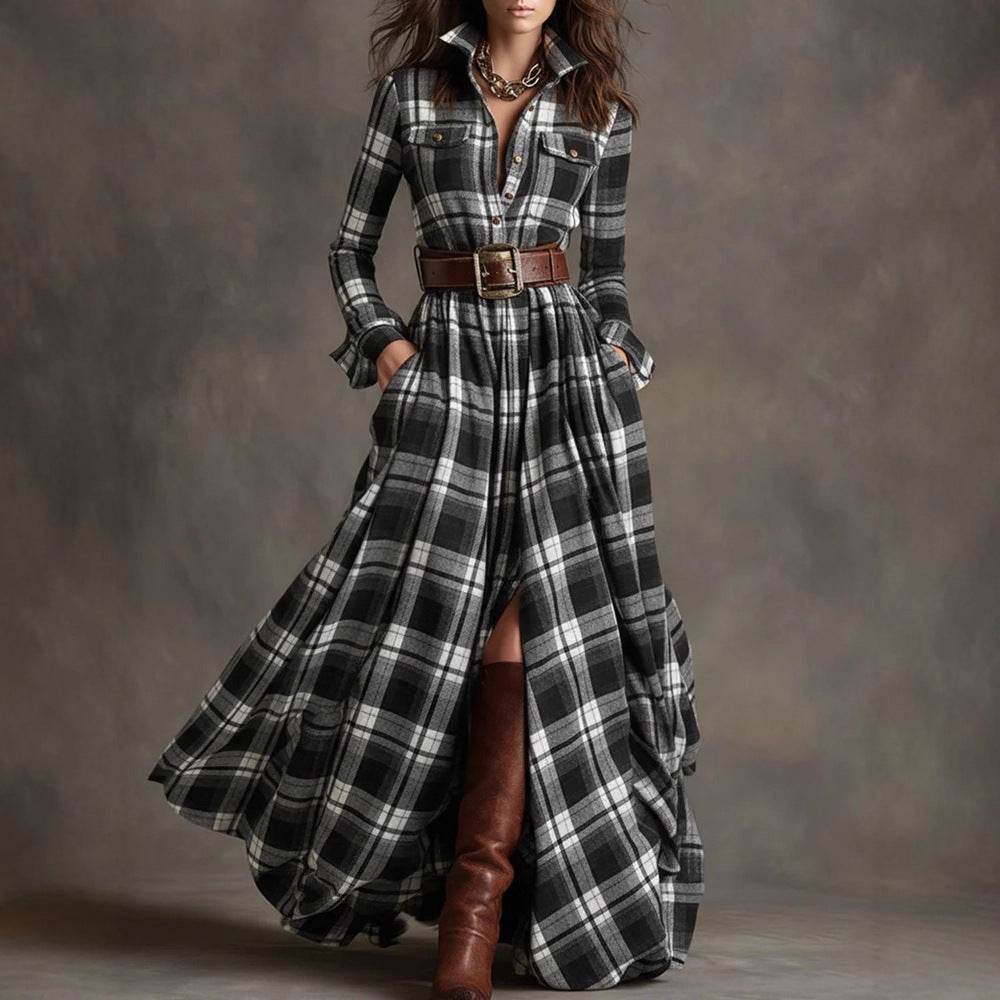 Plus Size French Vintage Plaid Slimming Irregular Hem Dress