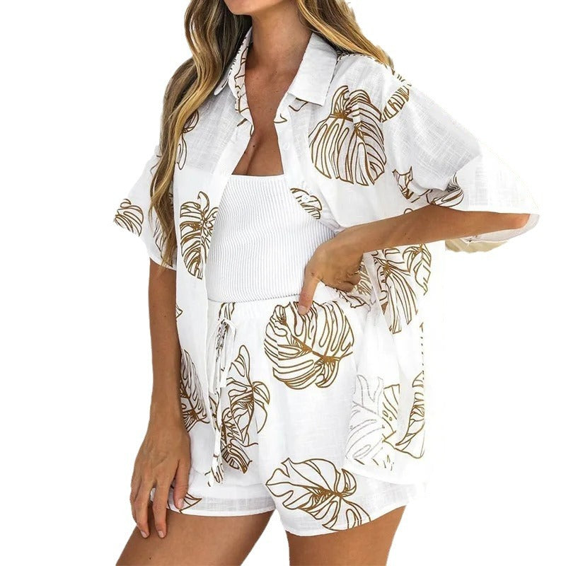 Women's 2-Piece Set – Lapel Short Sleeve Shirt & Shorts Outfit