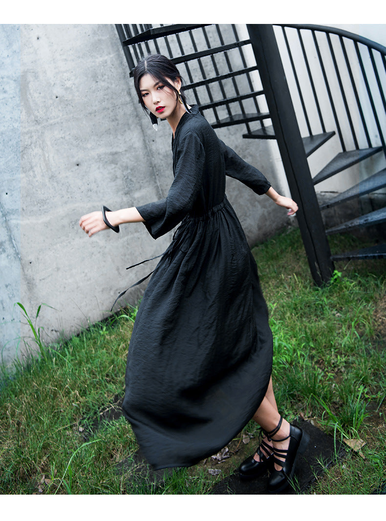 Casual Linen Half Sleeves Drawstring Long Cozy Dresses-Dresses-Free Shipping at meselling99