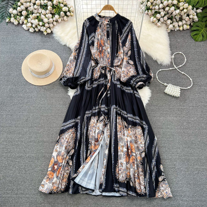 Retro Palace Style Lantern Sleeve Round Neck A-Line Floral Print Button-Down Waist Dress
