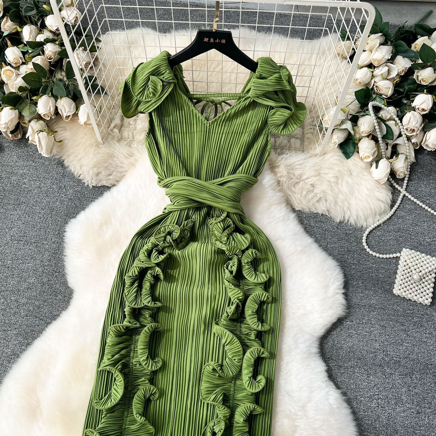 High-End Pleated Dress – Luxury Women's Designer Ruffle Hem Slim Fit Long Maxi Dress