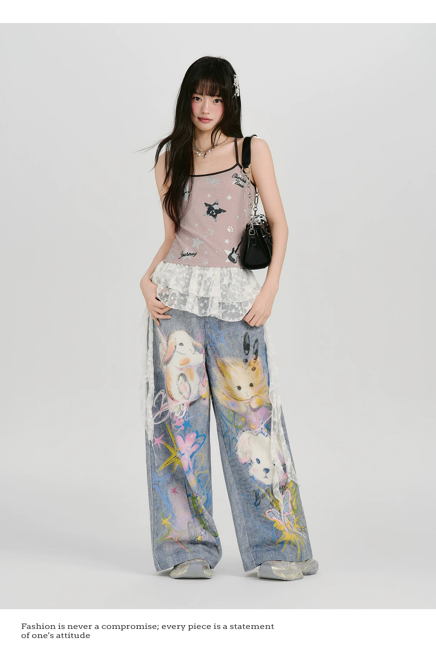 GirlyHao Vintage Tie-Dye Cartoon Print Wide Leg Jeans