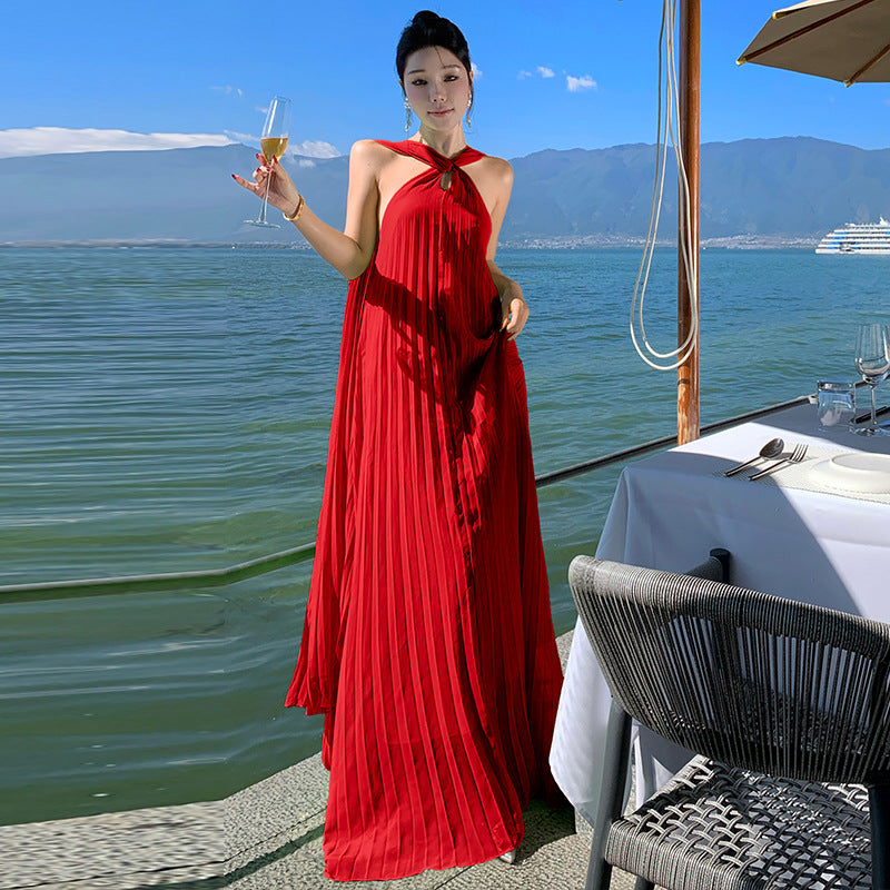 Elegant Neck-Tie Flowy Ruffle Dress – Maxi Pleated Skirt, Resort Vacation & Beach Cover-Up