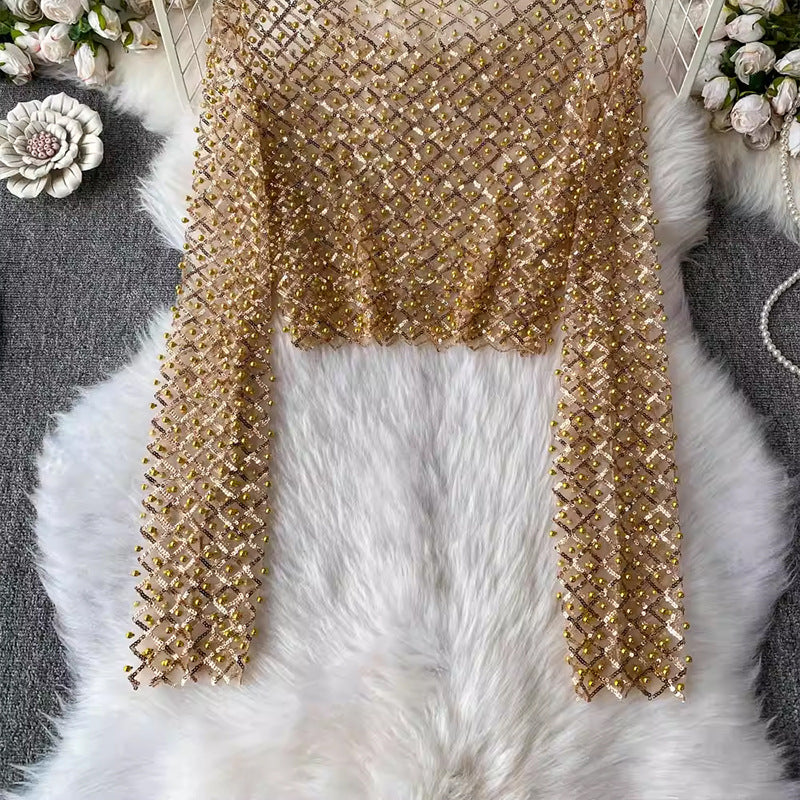 Sequin Beaded Round Neck Long Sleeve Cropped Top