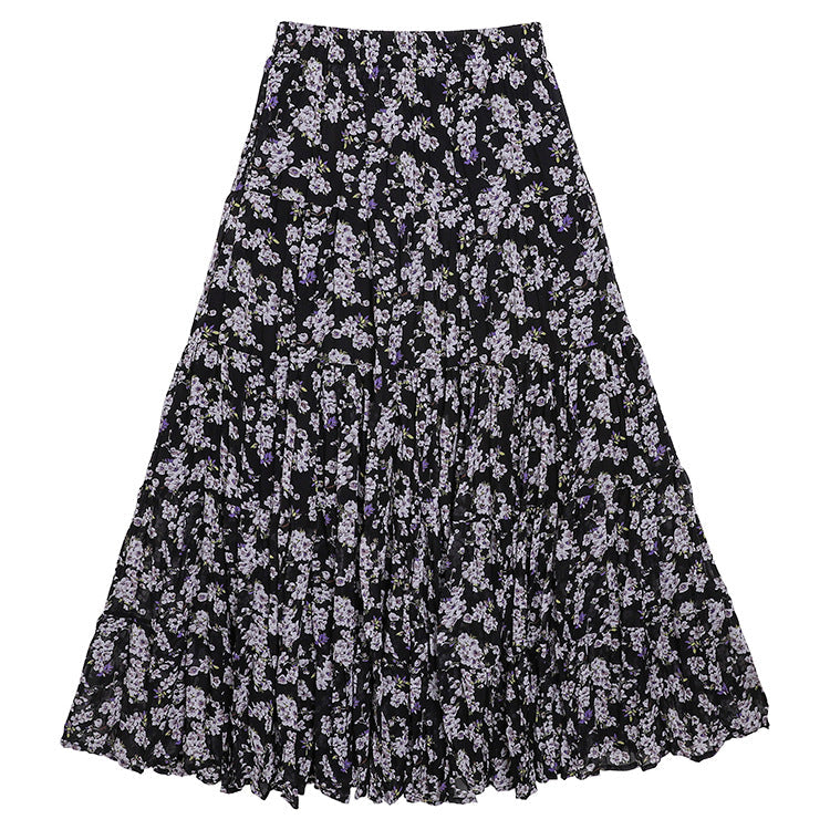 Yuan Su's new summer Wizard of Oz floral pleated skirt, high waist versatile and thin wrinkled A-shaped big swing skirt-Small Pear Blossom - Black-one size fits all-Free Shipping Leatheretro