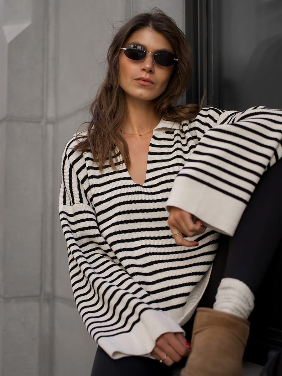 Women's Loose-Fit Black Striped Sweater
