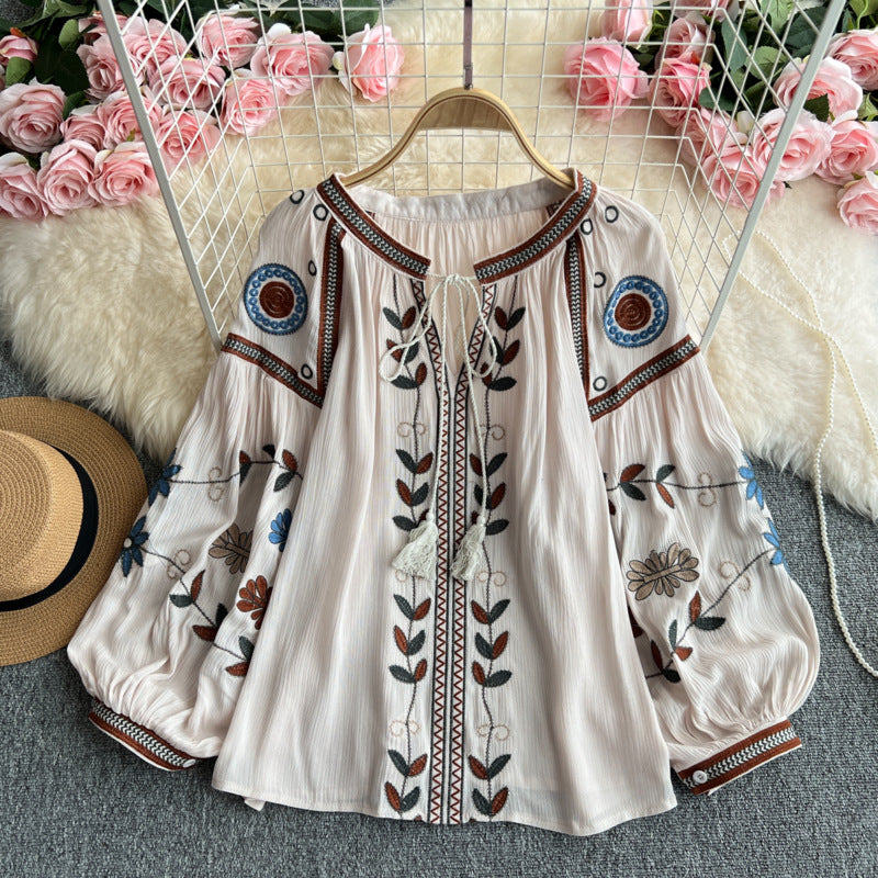 Ethnic Embroidered Tie-Neck Blouse-apricot-one size-Free Shipping Leatheretro