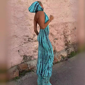 Women's Hooded Open-Back Printed Boho Dress