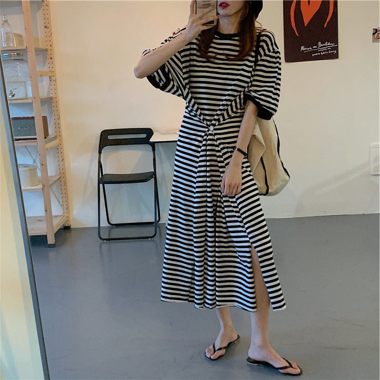 Designed Striped Summer Plus Sizes T Shirts Dresses-Dresses-Free Shipping at meselling99