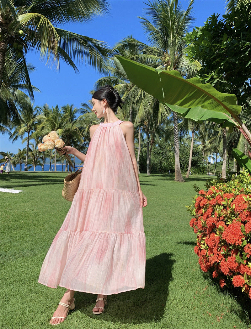 Sweet & Stylish Tie-Front Halter Sundress – Oversized Pink Tie-Dye Maxi Dress-Pink-S-Free Shipping Leatheretro