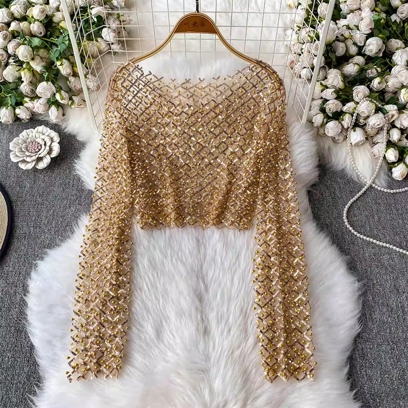 Sequin Beaded Round Neck Long Sleeve Cropped Top